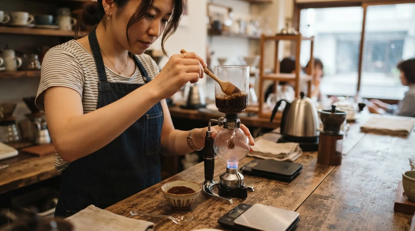 ガラス器具の光サイフォンでコーヒーを抽出する手元